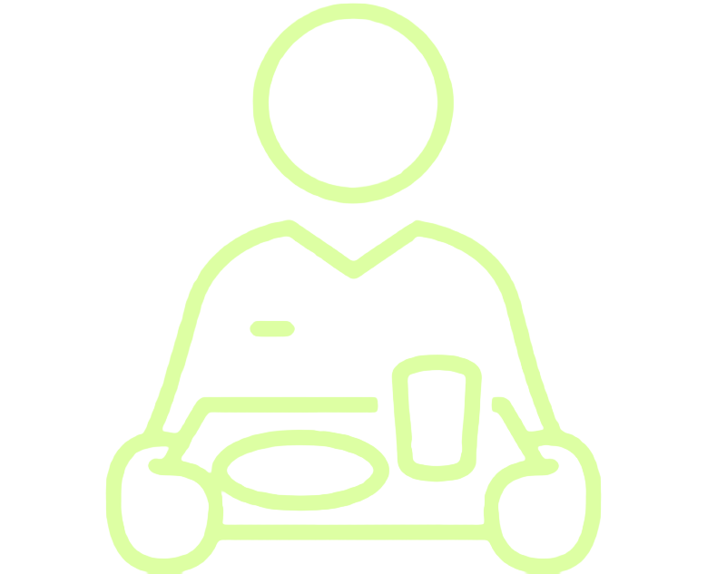 Illustration of figure holding a tray with a plate and a cup