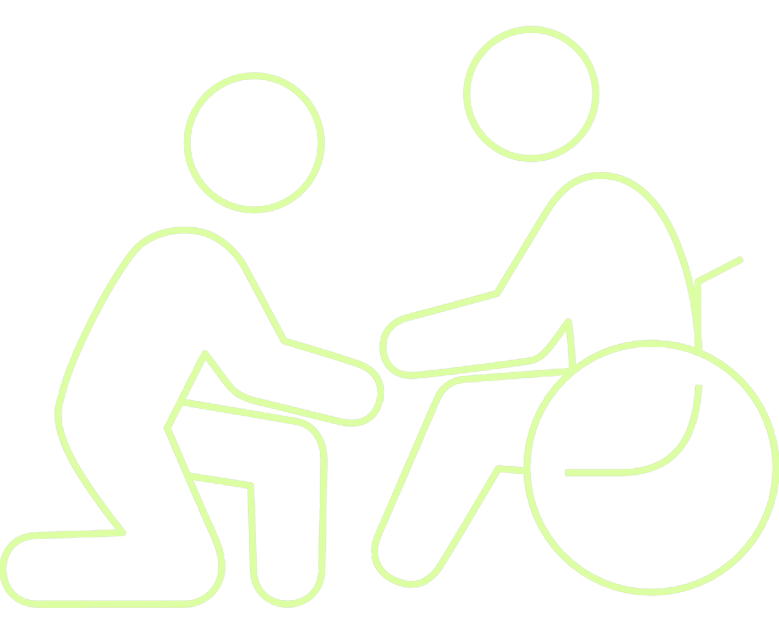 Thin line illustration of figure assisting another figure in a wheel chair