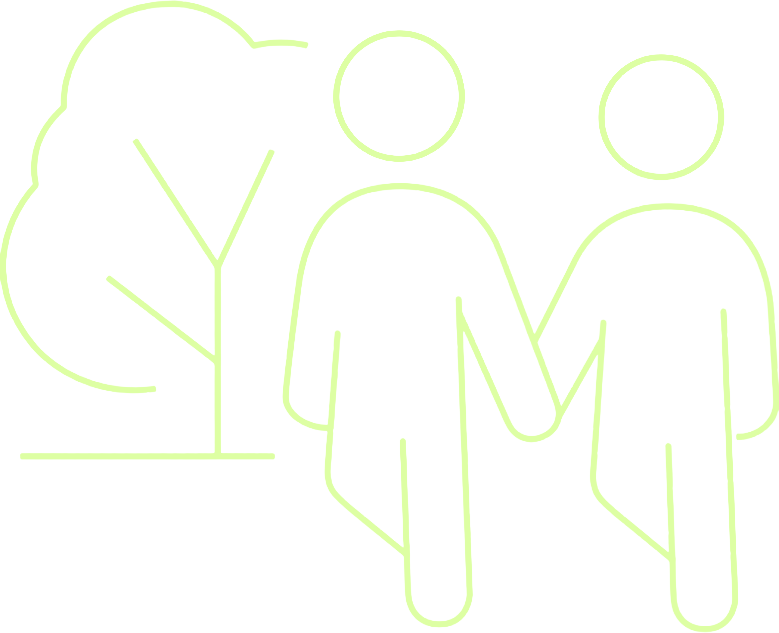 thin line illustration of two figures holding hands walking in nature